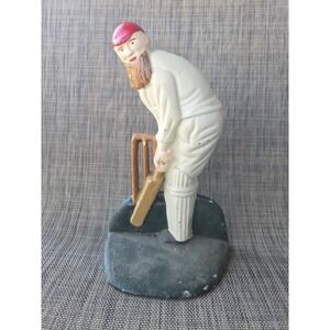 Vtg Cricket Player Cast Iron Door Stop Hand Painted Sports Decor Cricketer